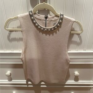 Alice + Olivia Pearl Embellished Cream Tank Top